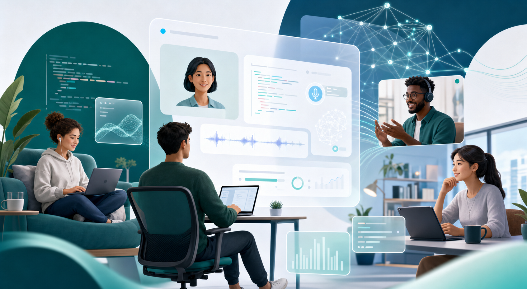 A premium illustration of engineers building AI interview products together