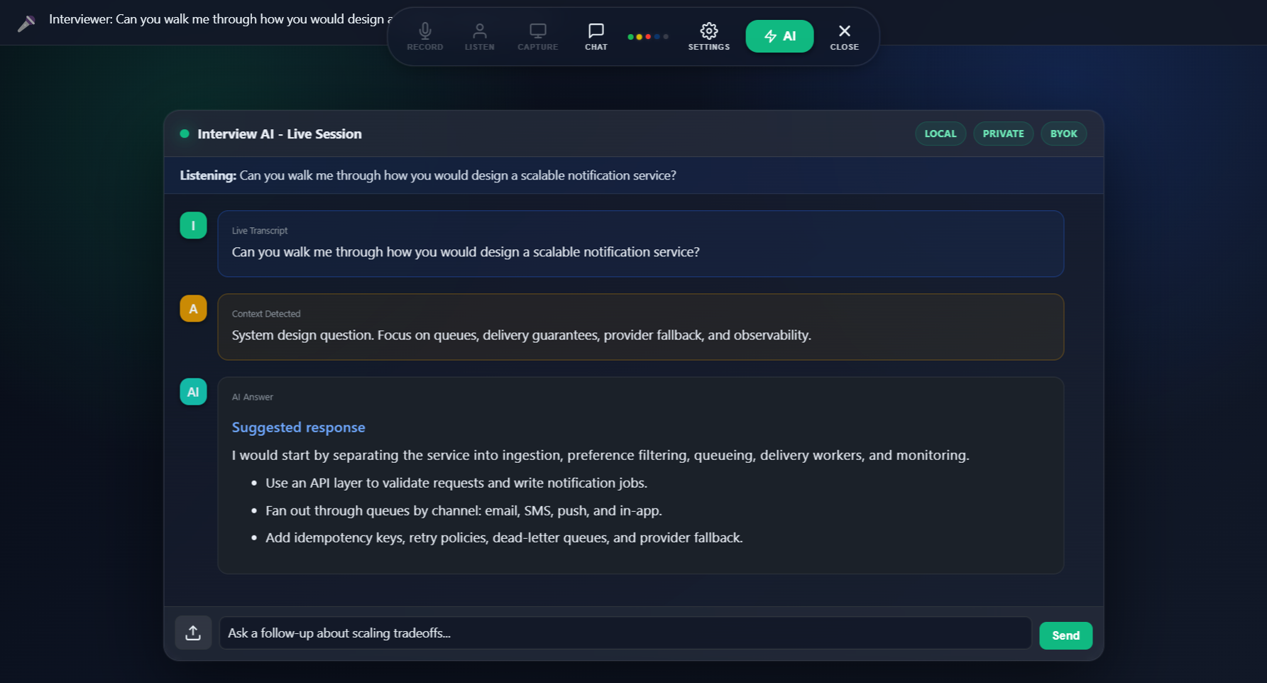 Interview AI Electron desktop app showing a live interview transcript and AI answer overlay